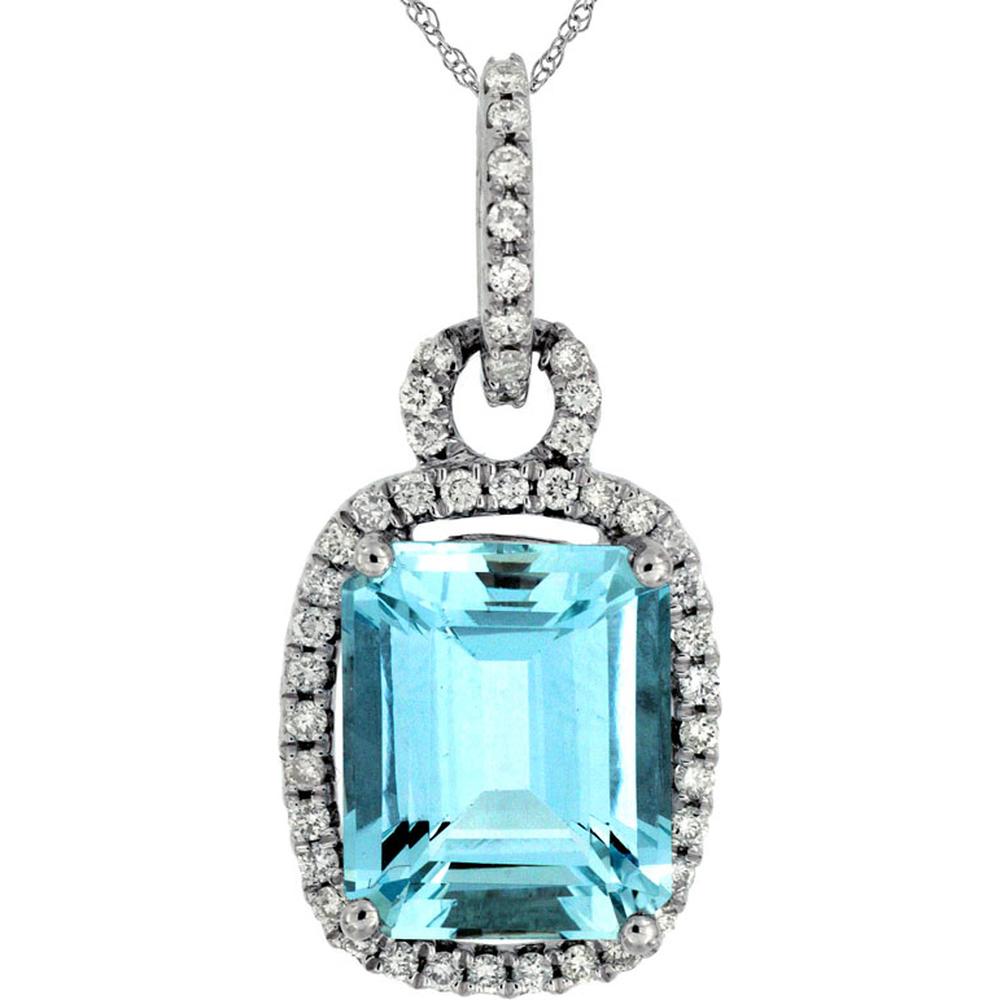 14K White Gold Aquamarine & Diamond Pendant with Emerald Cut Aquamarine - 3.95 Carats Total Gem Weight