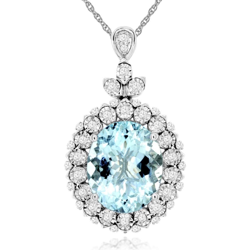 14K White Gold Aquamarine & Diamond Pendant with Halo Setting - 4.05 Carats Aquamarine, 0.25 Carats Total Diamond Weight