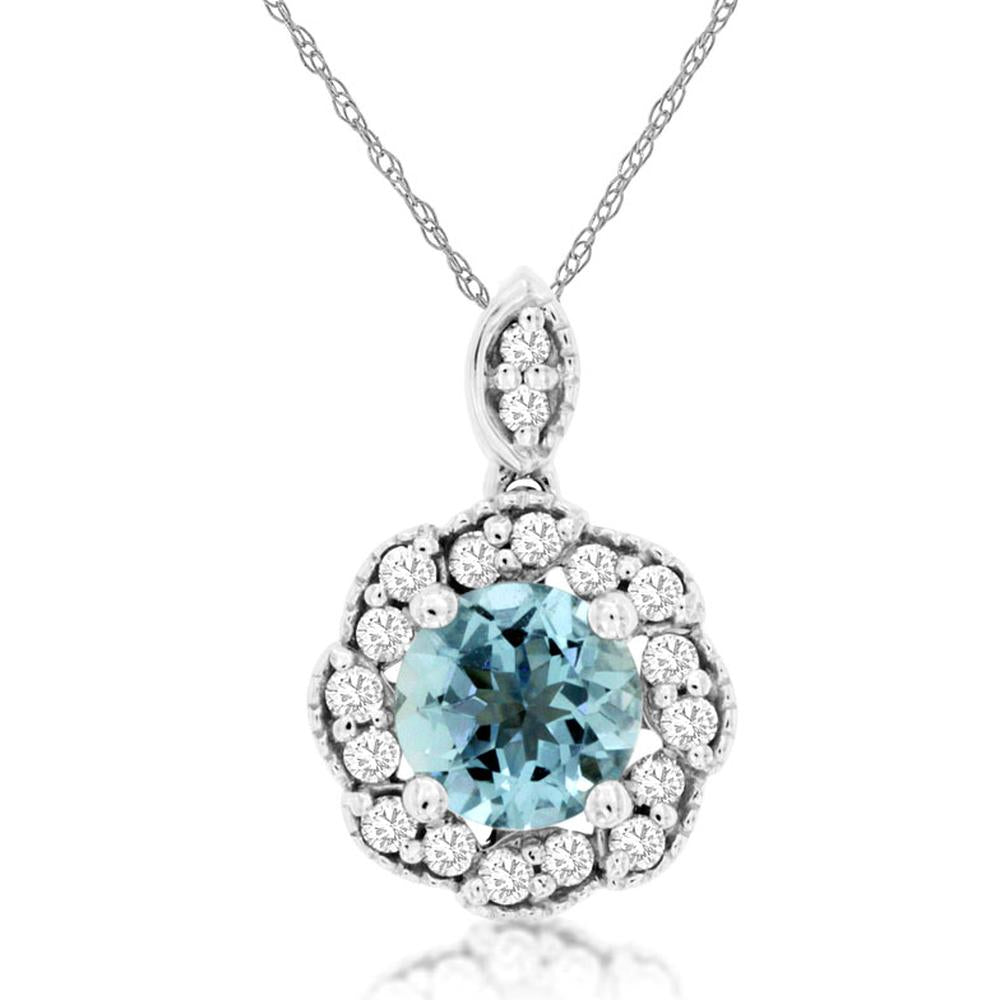 14K White Gold Aquamarine and Diamond Pendant with Round Cut Aquamarine - 0.55 Carats Aquamarine, 0.16 Carats Total Diamond Weight