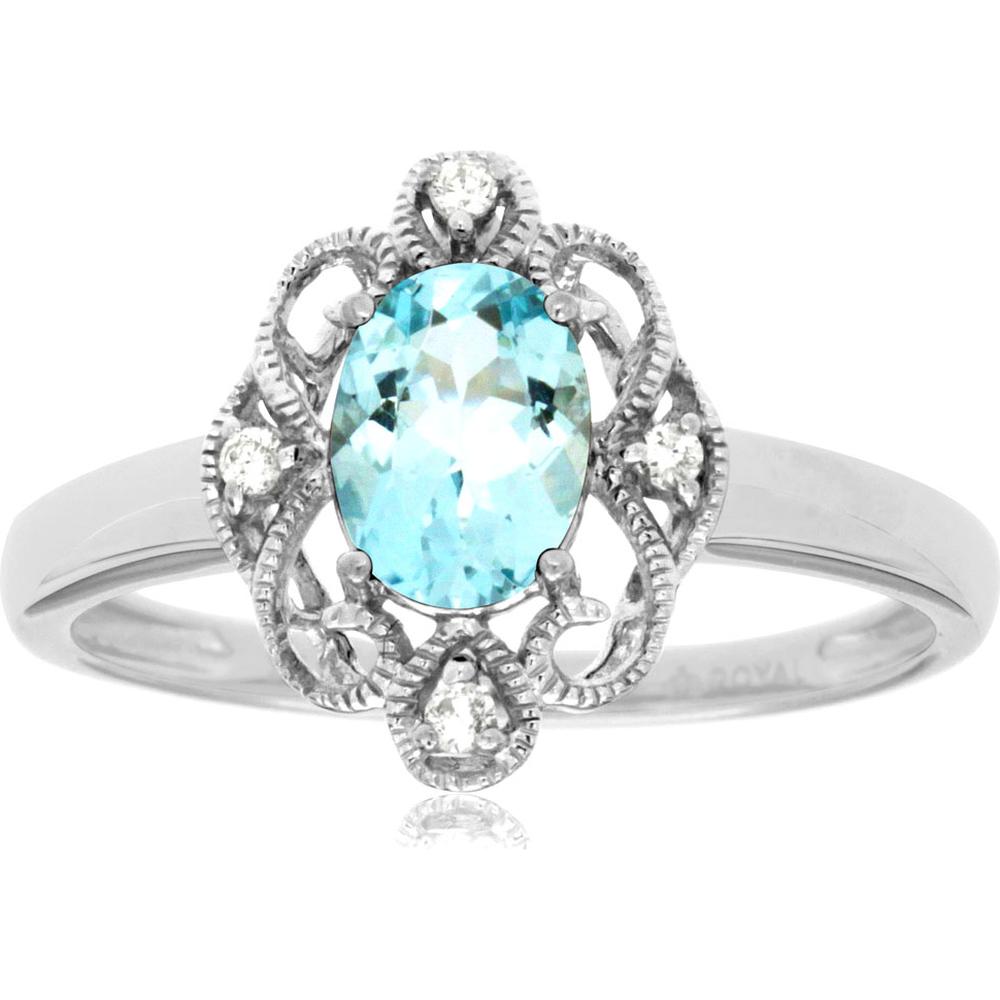 14K White Gold Aquamarine and Diamond Ring with Filigree Detail - 0.70 Carats Aquamarine, 0.04 Carats Total Diamond Weight
