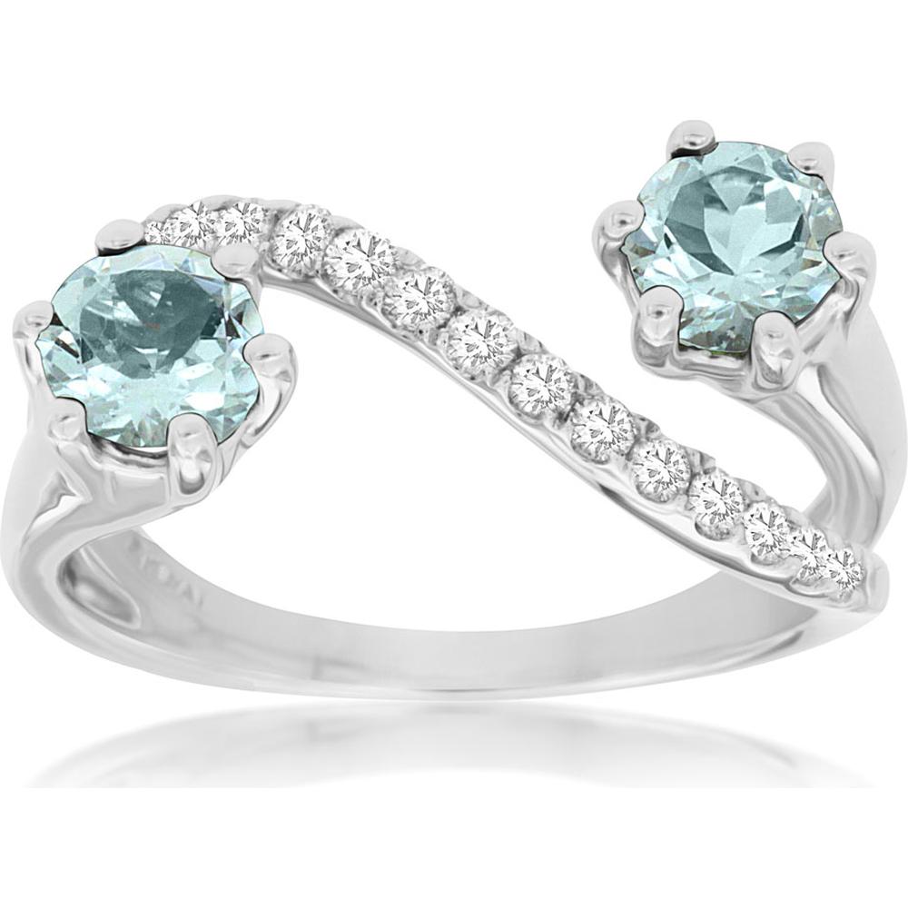 14K White Gold Aquamarine and Diamond Ring with Round Aquamarine - 1.25 Carats Total Aquamarine Weight and 0.35 Carats Total Diamond Weight