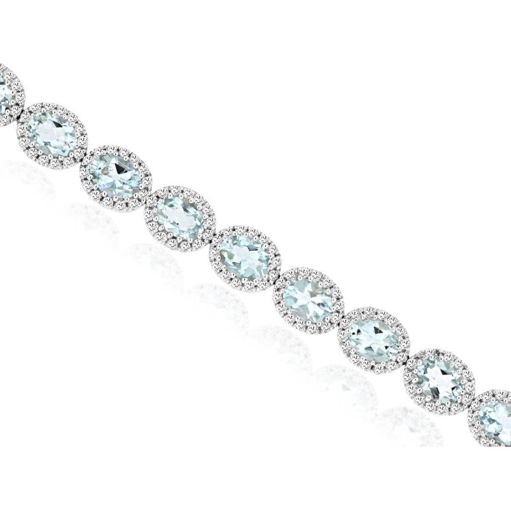 14K White Gold Aquamarine & Diamond Tennis Bracelet with Oval-Cut Aquamarine Stones - 4.5 Carats Total Aquamarine Weight, 1.2 Carats Total Diamond Weight