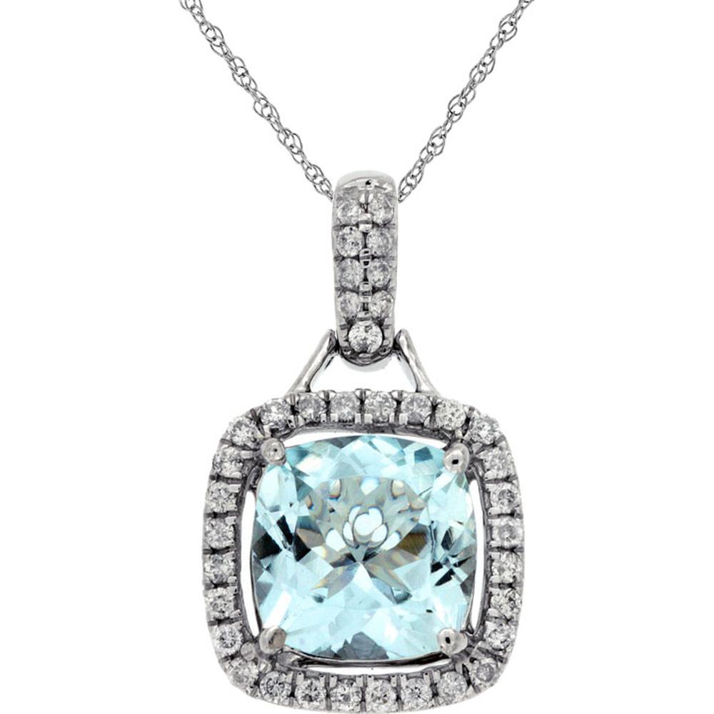 14K White Gold Aquamarine Cushion Cut Pendant with Diamond Halo - 1.75 Carats Aquamarine, 0.24 Carats Diamond Weight