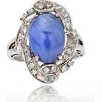 14K White Gold Art Deco Star Sapphire and Diamond Ring - Vintage Estate Piece with Brilliant Diamonds