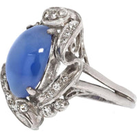 14K White Gold Art Deco Star Sapphire and Diamond Ring - Vintage Estate Piece with Brilliant Diamonds