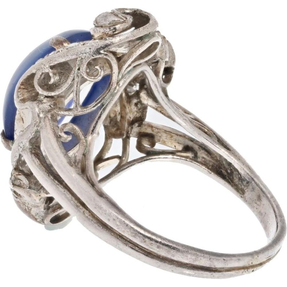 14K White Gold Art Deco Star Sapphire and Diamond Ring - Vintage Estate Piece with Brilliant Diamonds