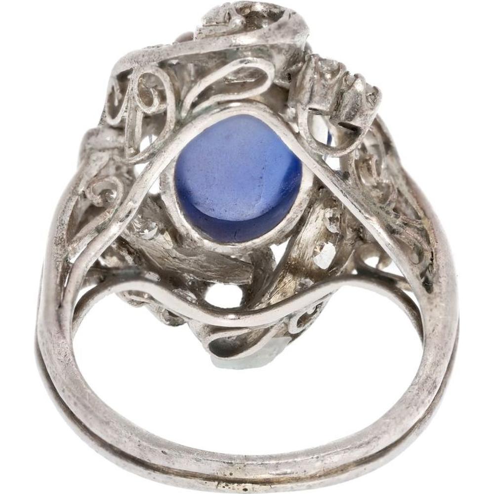 14K White Gold Art Deco Star Sapphire and Diamond Ring - Vintage Estate Piece with Brilliant Diamonds