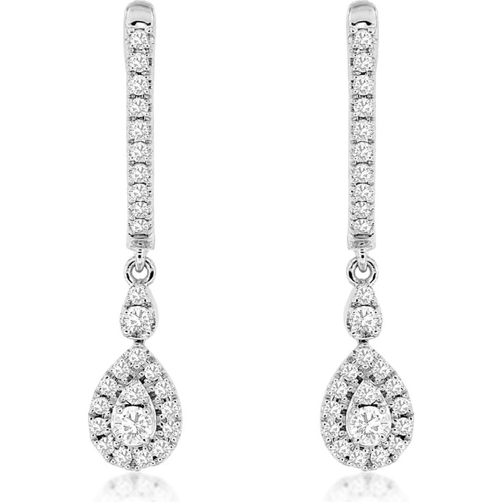 14K White Gold Articulated Bar and Pear Drop Earrings with Round Diamond Halo - 0.45 Carat Total Diamond Weight - Royal Jewelry