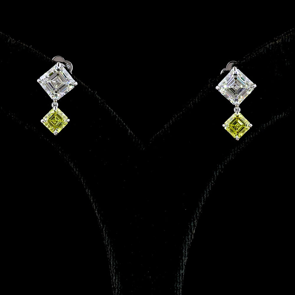 14K White Gold Asscher Cut Hanging Earrings with White and Fancy Vivid Yellow Lab Diamonds - 4.88 Carats Total Diamond Weight - Covaloro Fine Jewelry
