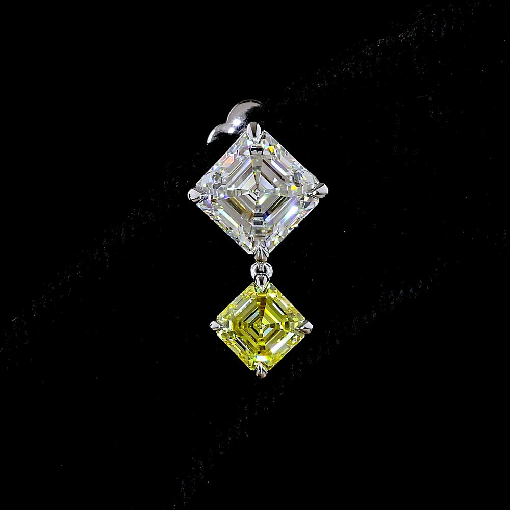 14K White Gold Asscher Cut Hanging Earrings with White and Fancy Vivid Yellow Lab Diamonds - 4.88 Carats Total Diamond Weight - Covaloro Fine Jewelry