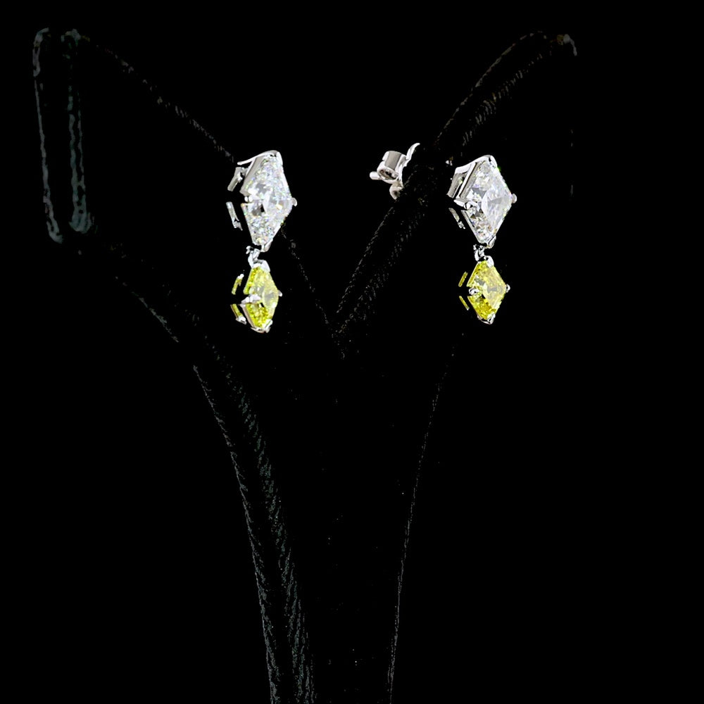 14K White Gold Asscher Cut Hanging Earrings with White and Fancy Vivid Yellow Lab Diamonds - 4.88 Carats Total Diamond Weight - Covaloro Fine Jewelry