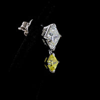 14K White Gold Asscher Cut Hanging Earrings with White and Fancy Vivid Yellow Lab Diamonds - 4.88 Carats Total Diamond Weight - Covaloro Fine Jewelry