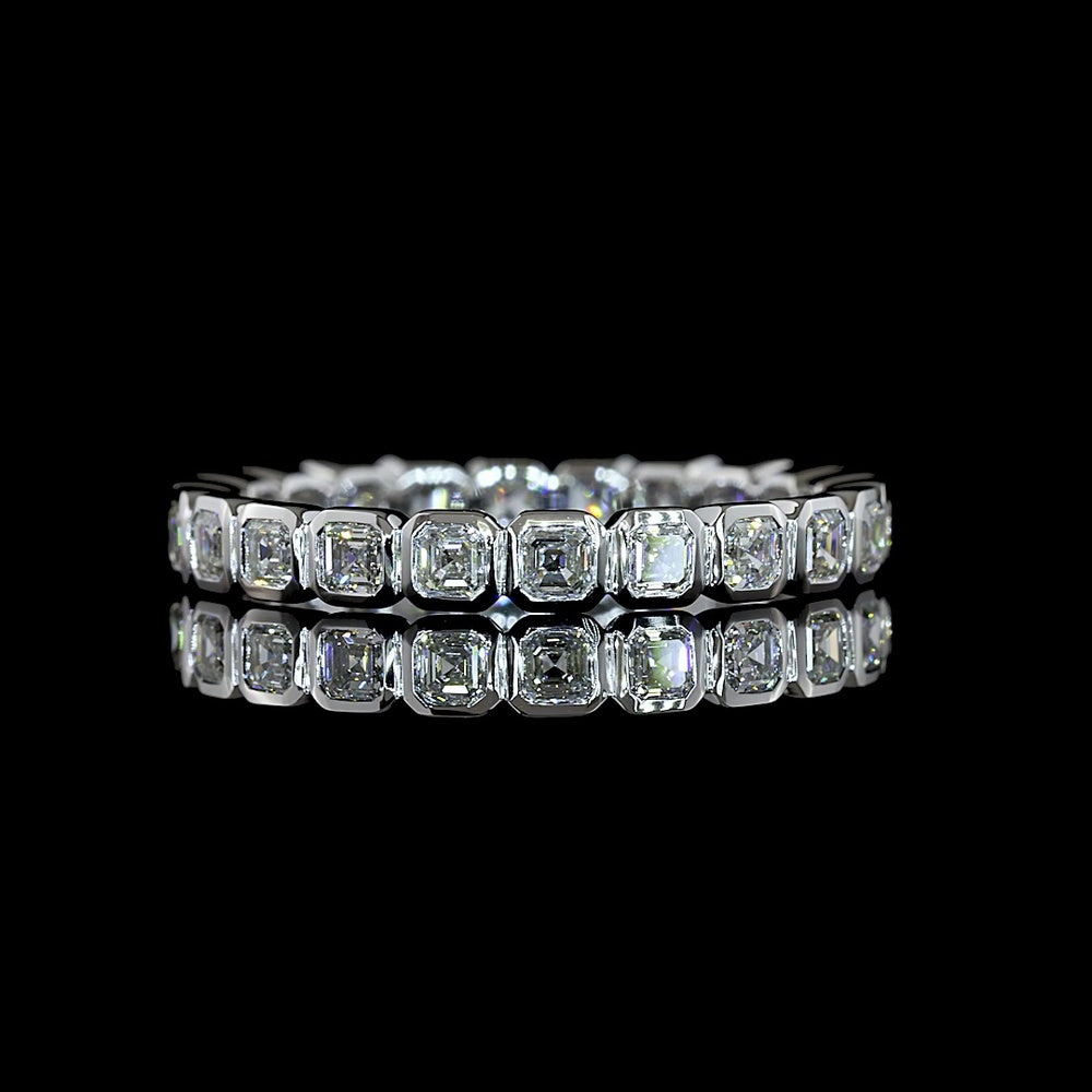 14K White Gold Asscher Cut Lab Diamond Eternity Band with Bezel Setting - 1.21 Carats Total Diamond Weight, 22 Stones - Covaloro Fine Jewelry