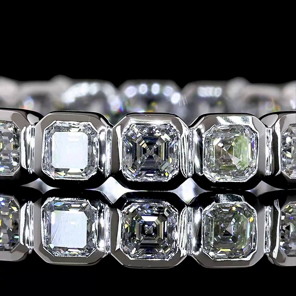 14K White Gold Asscher Cut Lab Diamond Eternity Band with Bezel Setting - 1.21 Carats Total Diamond Weight, 22 Stones - Covaloro Fine Jewelry