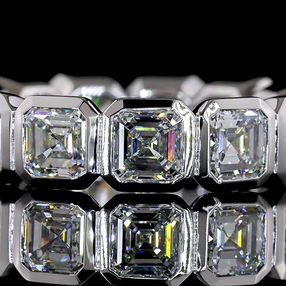 14K White Gold Asscher Cut Lab Diamond Eternity Band with Bezel Setting - 5.12 Carat Total Diamond Weight (13 Stones) - Covaloro Fine Jewelry