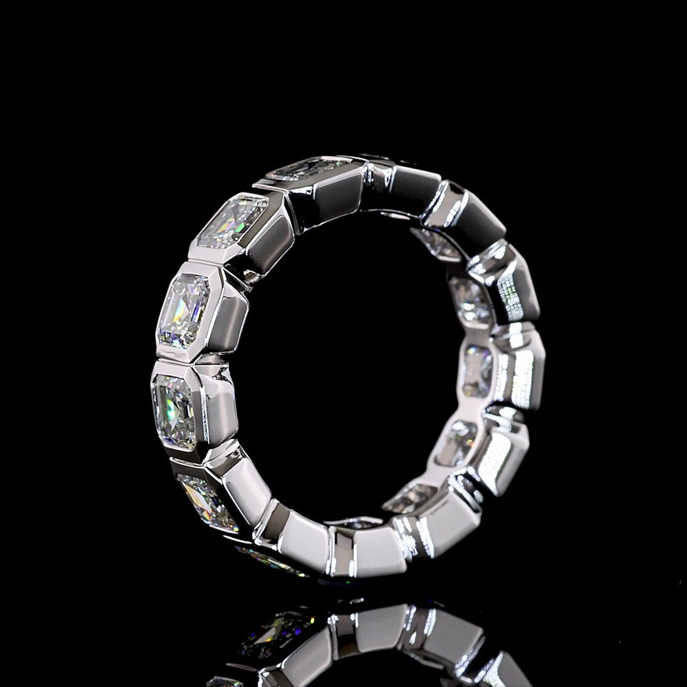 14K White Gold Asscher Cut Lab Diamond Eternity Band with Bezel Setting - 5.12 Carat Total Diamond Weight (13 Stones) - Covaloro Fine Jewelry