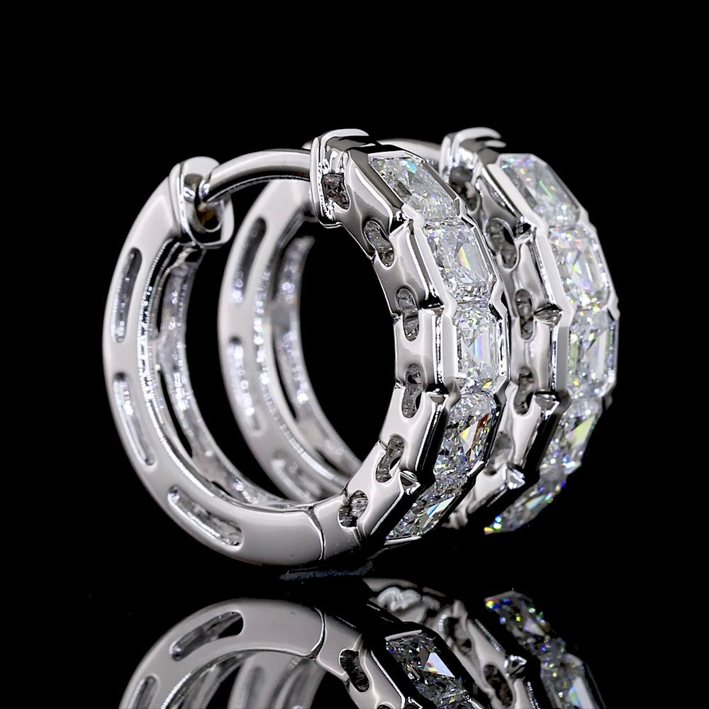 14K White Gold Asscher Cut Lab Diamond Huggie Earrings with Half Bezel Setting - 1.00 Carats Total Diamond Weight - Covaloro Fine Jewelry