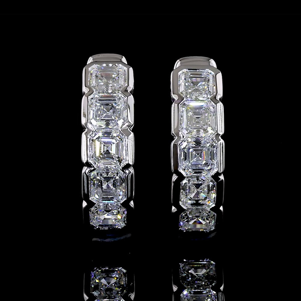 14K White Gold Asscher Cut Lab Diamond Huggie Earrings with Half Bezel Setting - 1.00 Carats Total Diamond Weight - Covaloro Fine Jewelry