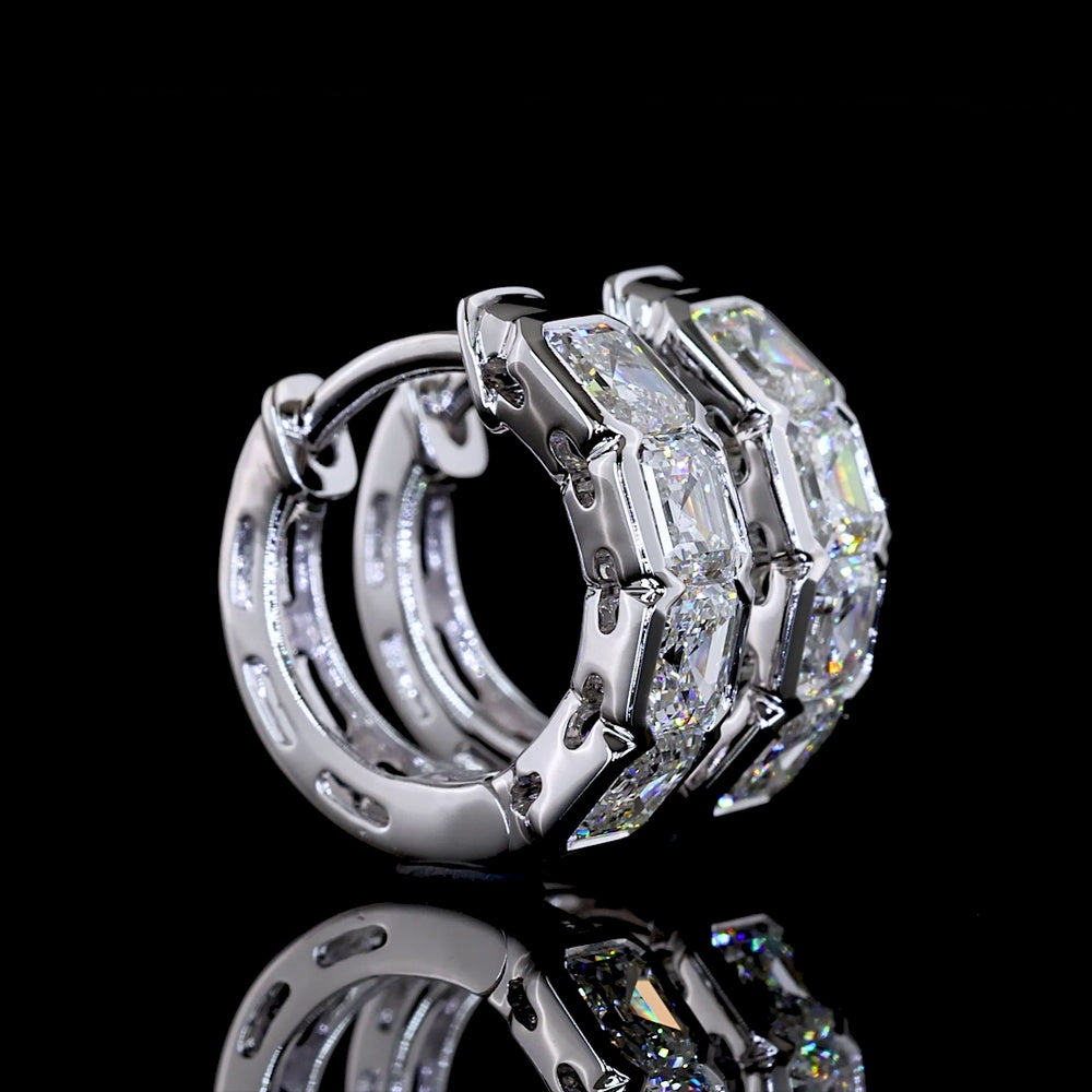 14K White Gold Asscher Cut Lab Diamond Huggie Earrings with Half Bezel Setting - 2.07 Carats Total Diamond Weight - Covaloro Fine Jewelry