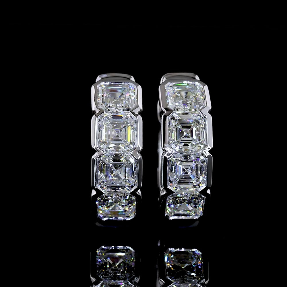14K White Gold Asscher Cut Lab Diamond Huggie Earrings with Half Bezel Setting - 2.07 Carats Total Diamond Weight - Covaloro Fine Jewelry