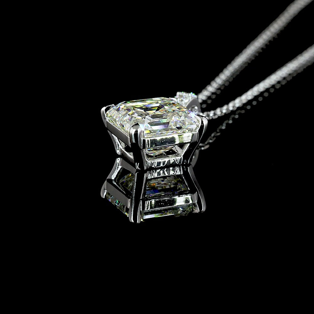 14K White Gold Asscher Cut Lab Diamond Pendant with Brilliant Diamond Accents - 2.78 Carat Total Weight GIA Certified - Covaloro Fine Jewelry