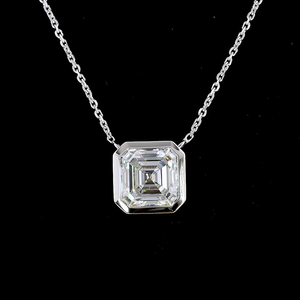 14K White Gold Asscher Cut Lab Diamond Solitaire Pendant with Bezel Setting - F VS1 3.06 Carat Total Weight - Covaloro Fine Jewelry