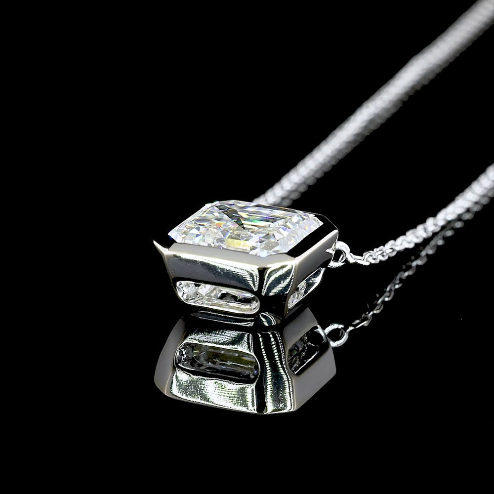 14K White Gold Asscher Cut Lab Diamond Solitaire Pendant with Bezel Setting - F VS1 3.06 Carat Total Weight - Covaloro Fine Jewelry