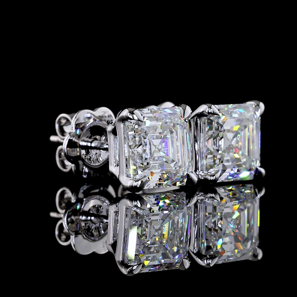 14K White Gold Asscher Cut Lab Diamond Stud Earrings - 4.18 Carat Total Weight, E-F Color VS1 Clarity, IGI Certified - Covaloro Fine Jewelry