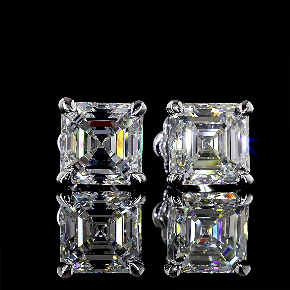 14K White Gold Asscher Cut Lab Diamond Stud Earrings - 5.10 Carat Total Weight, E-F Color, VVS2 Clarity, IGI Certified - Covaloro Fine Jewelry