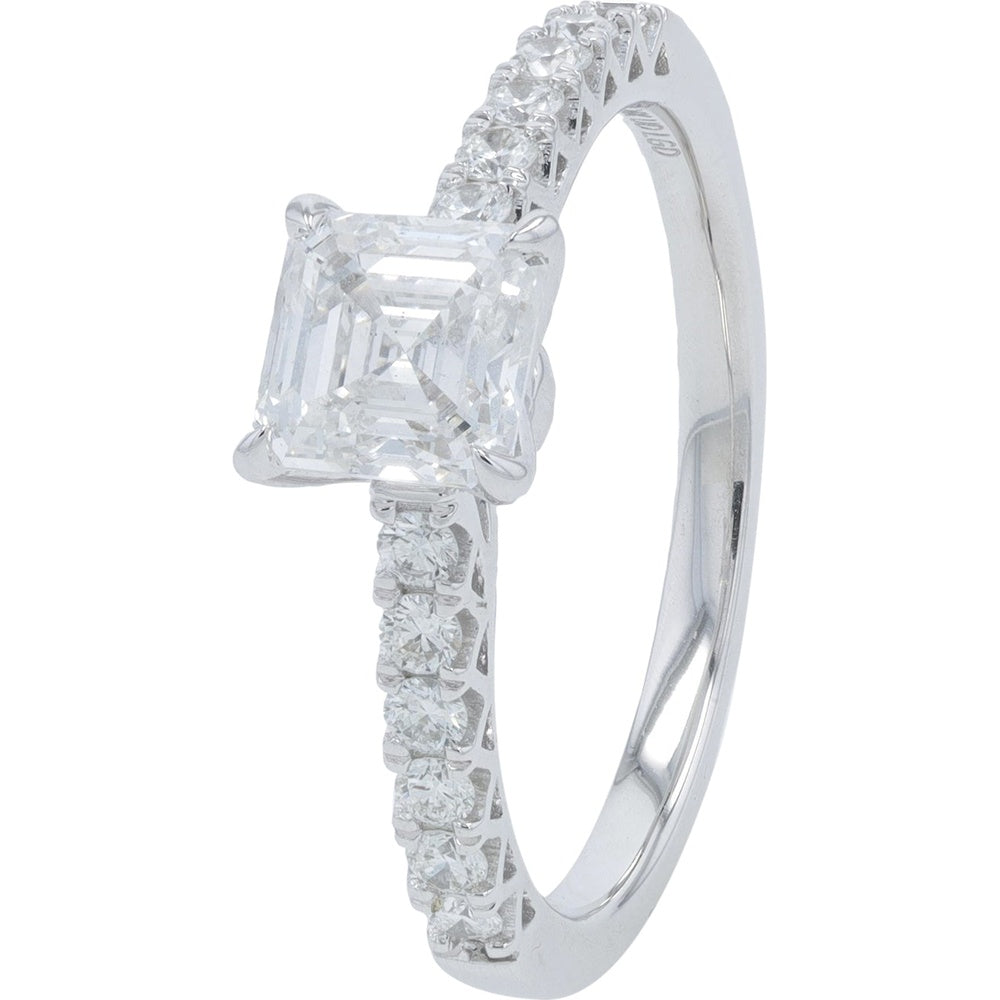 14K White Gold Asscher Cut Lab Grown Diamond Engagement Ring with Pavé Band - 1.25 Carat Total Diamond Weight