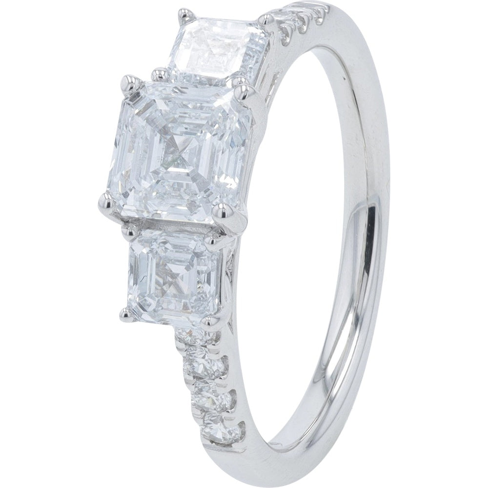 14K White Gold Asscher Cut Lab Grown Diamond Three Stone Engagement Ring - 2.00 Carat Total Diamond Weight