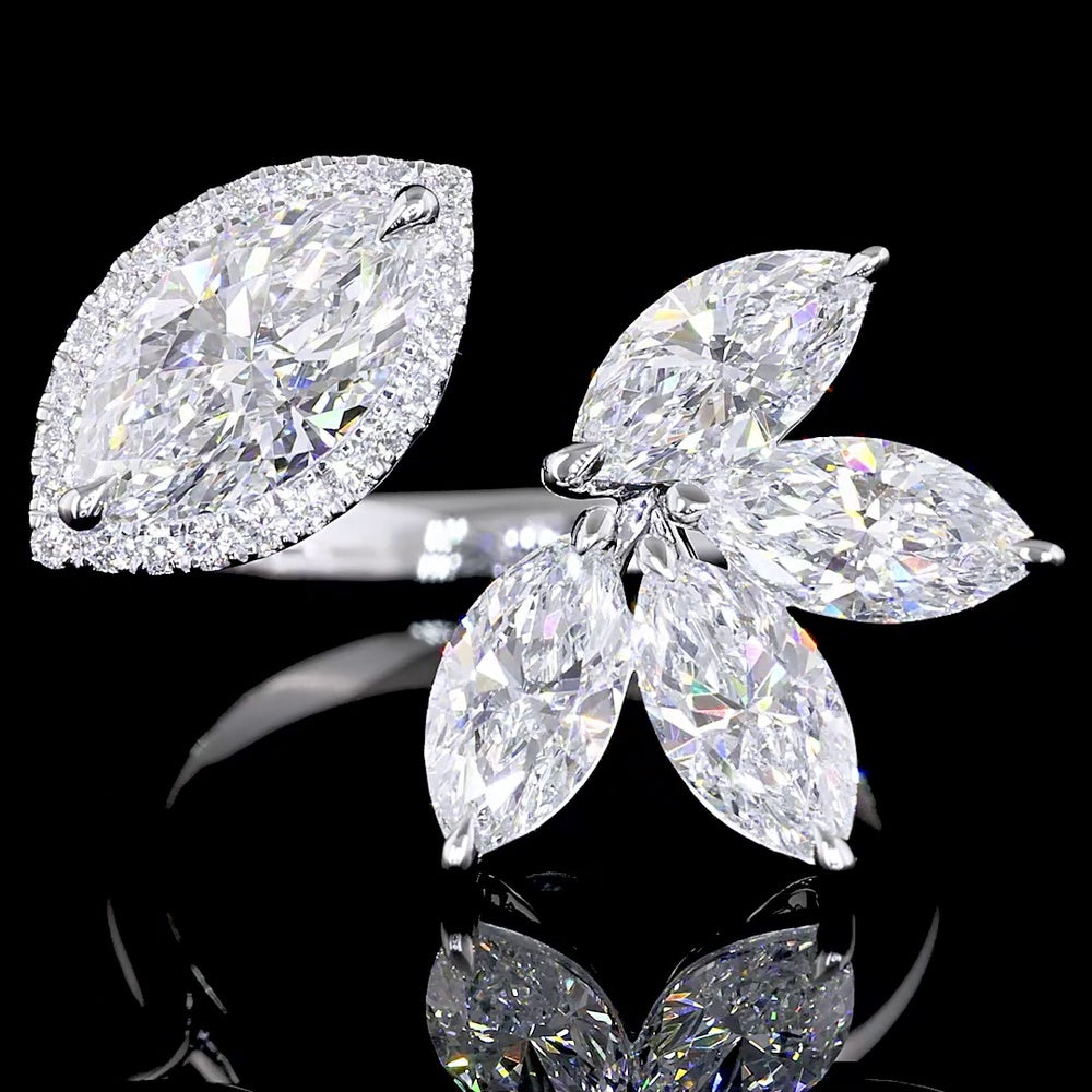 14K White Gold Asymmetric Halo Ring with 1.00 Carats Marquise Diamond and Floral Marquise Cluster - 2.94 Carats Total Lab Diamond Weight - Covaloro Fine Jewelry