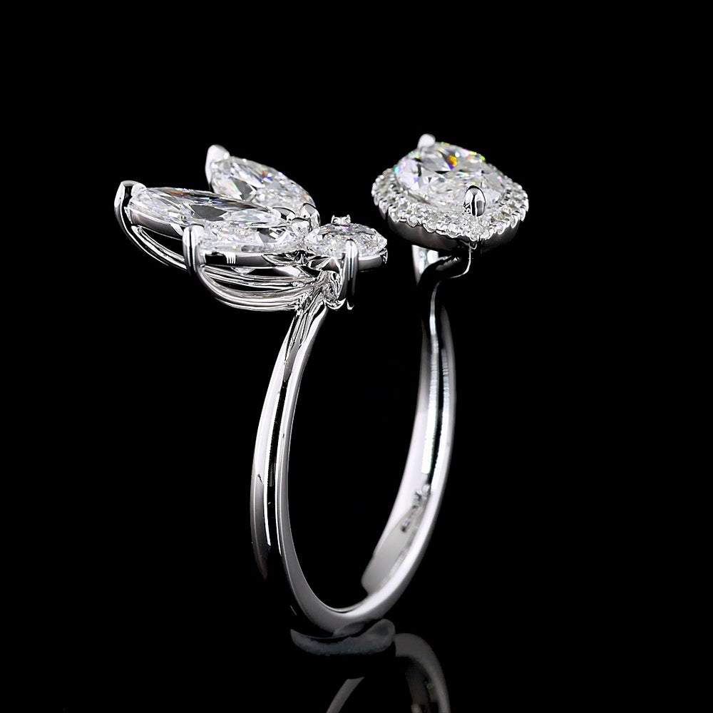 14K White Gold Asymmetric Halo Ring with 1.00 Carats Marquise Diamond and Floral Marquise Cluster - 2.94 Carats Total Lab Diamond Weight - Covaloro Fine Jewelry