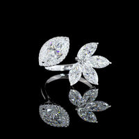 14K White Gold Asymmetric Marquise Diamond Ring with Halo and Floral Cluster Motif - 3.02 Carats Total Lab Diamond Weight - Covaloro Fine Jewelry