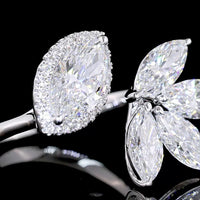14K White Gold Asymmetric Marquise Diamond Ring with Halo and Floral Cluster Motif - 3.02 Carats Total Lab Diamond Weight - Covaloro Fine Jewelry