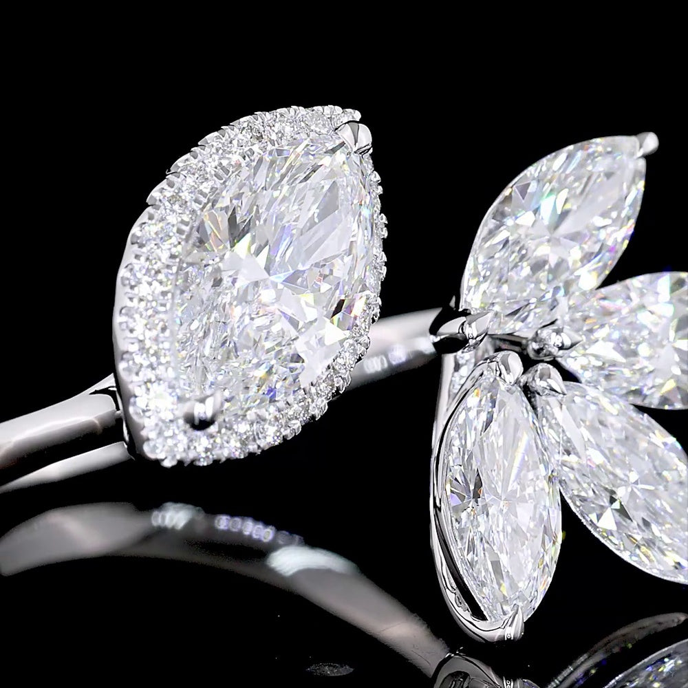 14K White Gold Asymmetric Marquise Diamond Ring with Halo and Floral Cluster Motif - 3.02 Carats Total Lab Diamond Weight - Covaloro Fine Jewelry
