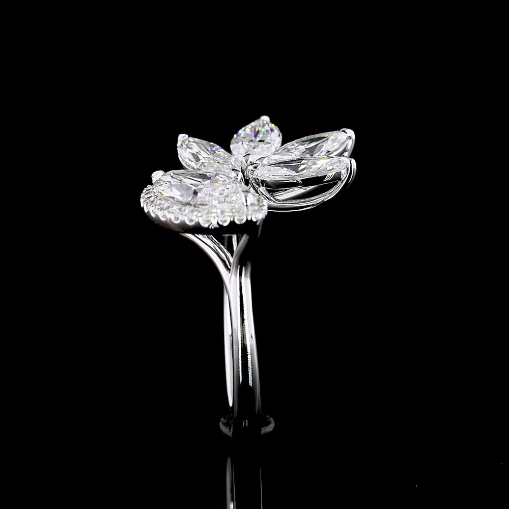14K White Gold Asymmetric Marquise Diamond Ring with Halo and Floral Cluster Motif - 3.02 Carats Total Lab Diamond Weight - Covaloro Fine Jewelry