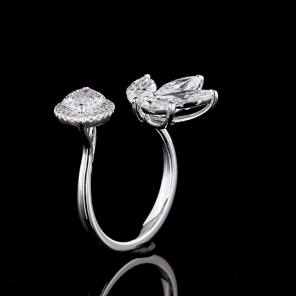 14K White Gold Asymmetric Marquise Diamond Ring with Halo and Floral Cluster Motif - 3.02 Carats Total Lab Diamond Weight - Covaloro Fine Jewelry