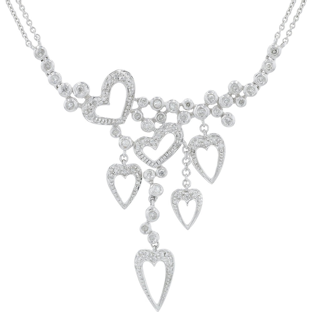 14K White Gold Asymmetrical Cascade Diamond Heart Necklace with Bezel and Prong Set Round Diamonds - 0.50 Carat Total Diamond Weight
