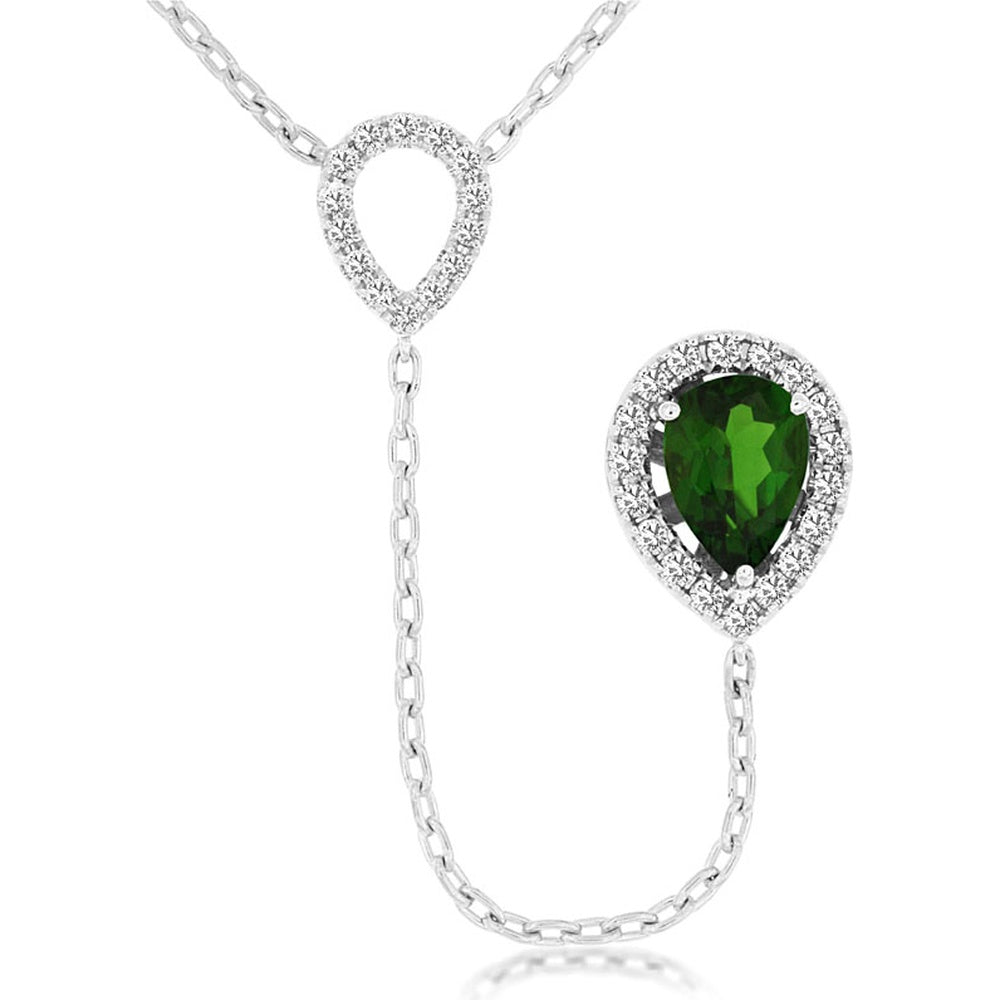 14K White Gold Asymmetrical Lariat Drop Necklace with 0.82 Carat Pear-Shaped Russalite and Diamond Halo - 0.20 Carat Total Diamond Weight - Royal Jewelry