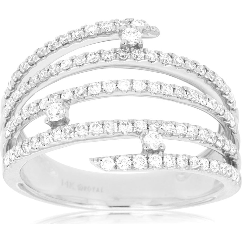14K White Gold Asymmetrical Multi-Row Free Form Ring with Pavé-Set Round Diamonds - 0.65 Carat Total Diamond Weight - Royal Jewelry