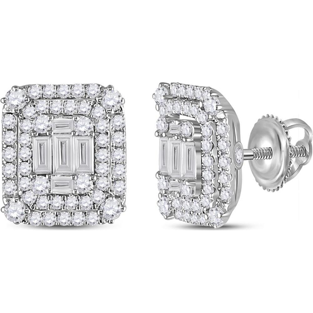 14K White Gold Baguette and Round Diamond Cluster Earrings - 1.20 Carat Total Diamond Weight