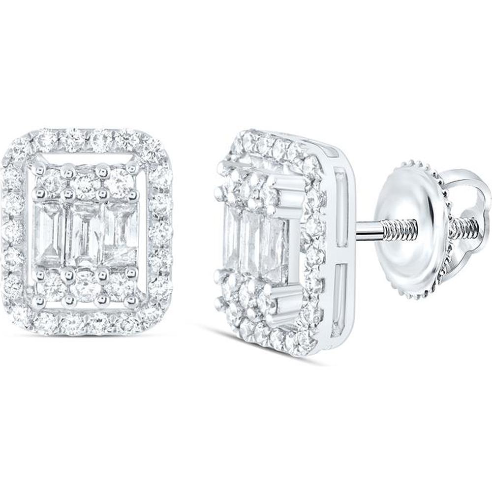 14K White Gold Baguette and Round Diamond Cluster Earrings - 1/2 Carat Total Diamond Weight