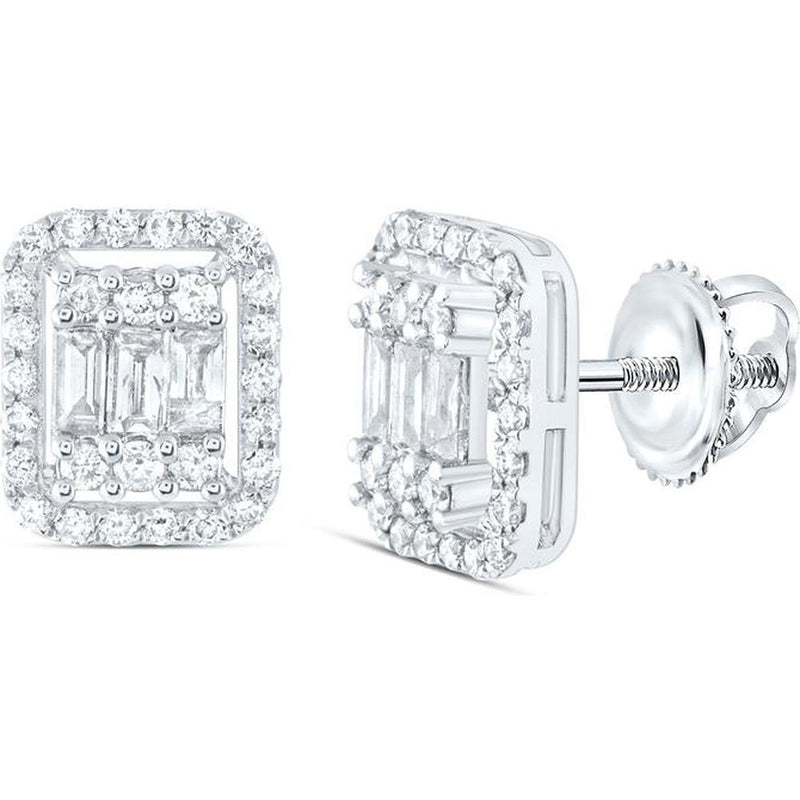 14K White Gold Baguette and Round Diamond Cluster Earrings - 1/2 Carat Total Diamond Weight
