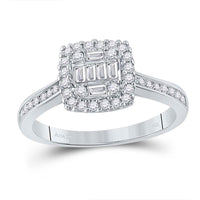 14K White Gold Baguette and Round Diamond Cluster Engagement Ring - 1/2 Carat Total Weight
