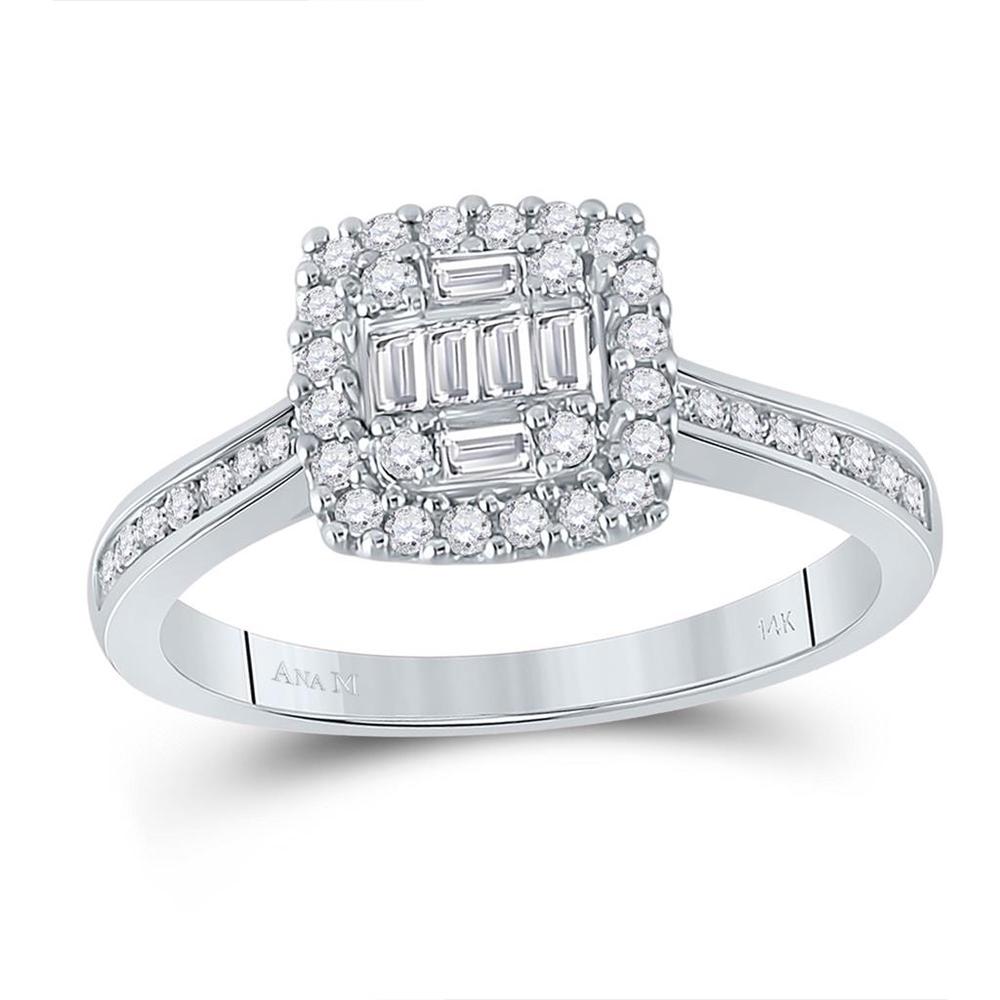 14K White Gold Baguette and Round Diamond Cluster Engagement Ring - 1/2 Carat Total Weight