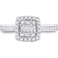 14K White Gold Baguette and Round Diamond Cluster Engagement Ring - 1/2 Carat Total Weight