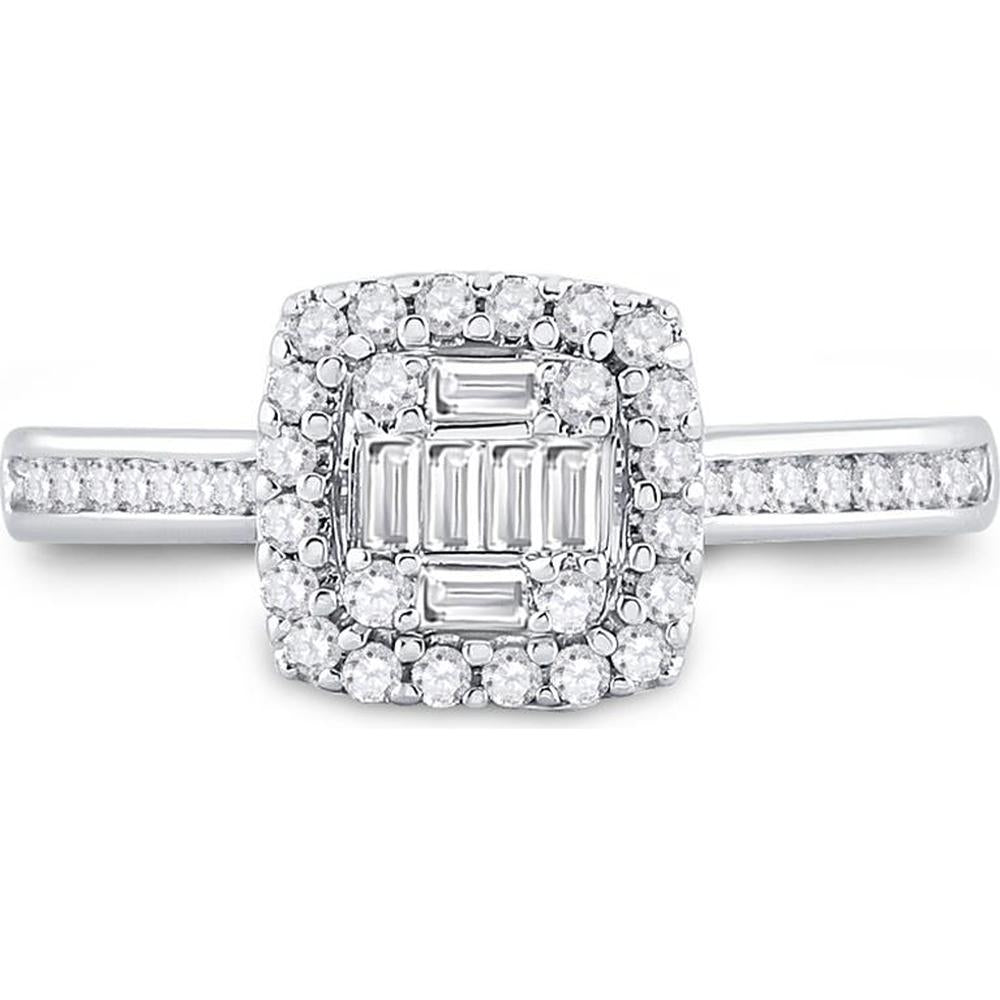 14K White Gold Baguette and Round Diamond Cluster Engagement Ring - 1/2 Carat Total Weight