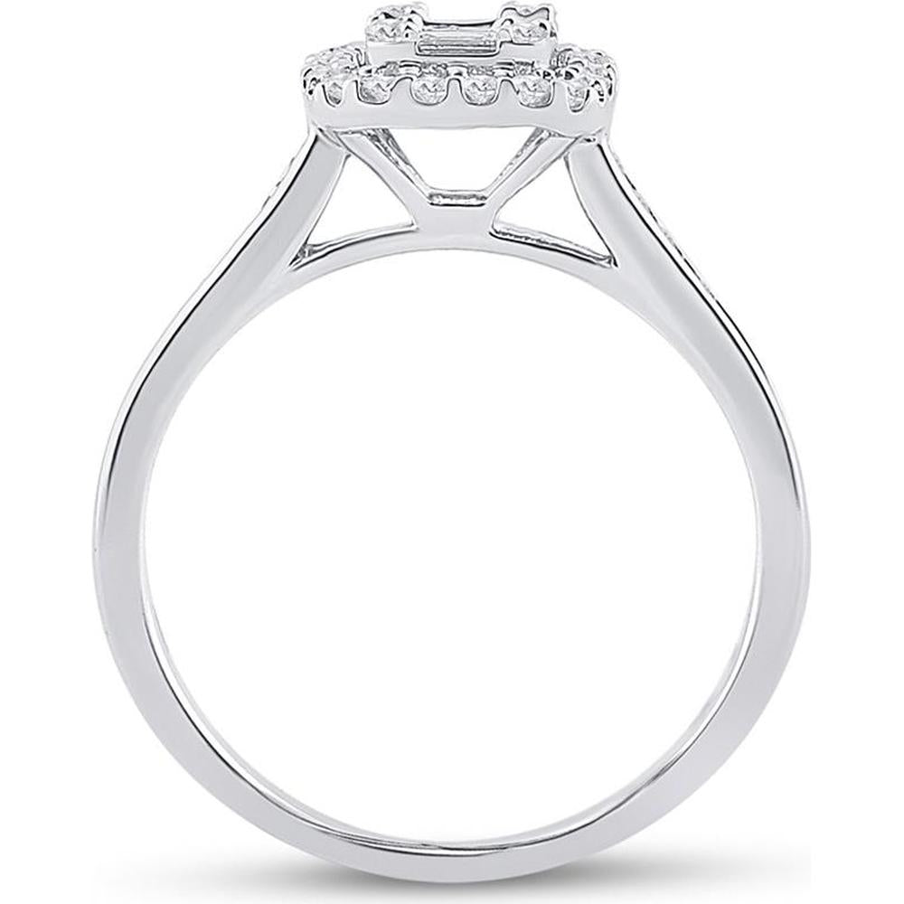 14K White Gold Baguette and Round Diamond Cluster Engagement Ring - 1/2 Carat Total Weight