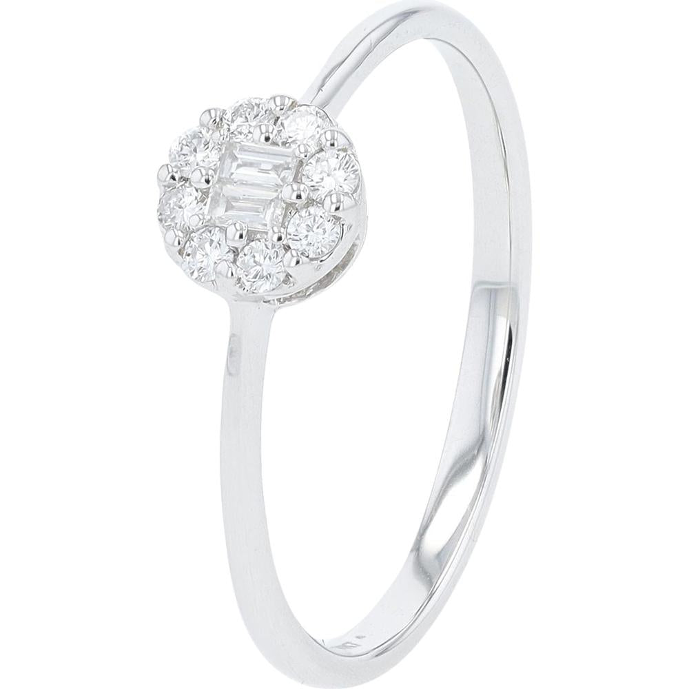 14K White Gold Baguette and Round Diamond Halo Ring - 0.15 Carats Total Diamond Weight